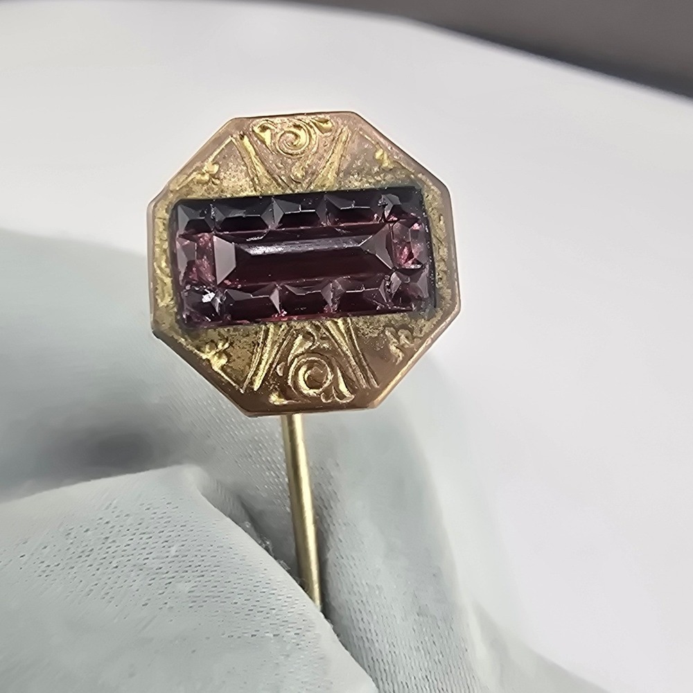 Vintage Estate Stick Pin Gold Tone Purple Stone Octagon Filigree 2.5in